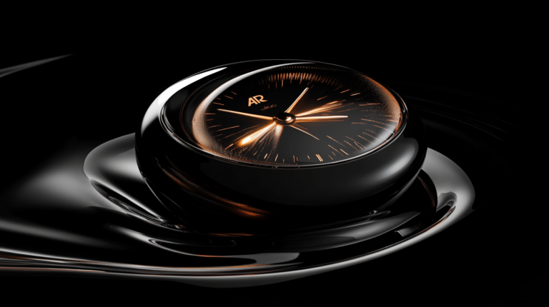 A sleek, modern watch with a glossy black finish and a round face is displayed against a dark background. The watch face features gold hour markers and hands, with a subtle glow effect. The design is minimalist and elegant, emphasizing the watch's luxurious appearance.