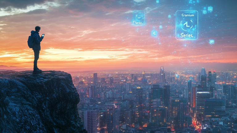 A person stands on the edge of a cliff, holding a tablet, overlooking a cityscape at sunset. The sky is filled with digital icons and text, including "Cranium" and "Series," suggesting a blend of technology and nature. The city below is illuminated with lights, and the sky is a mix of orange and blue hues.