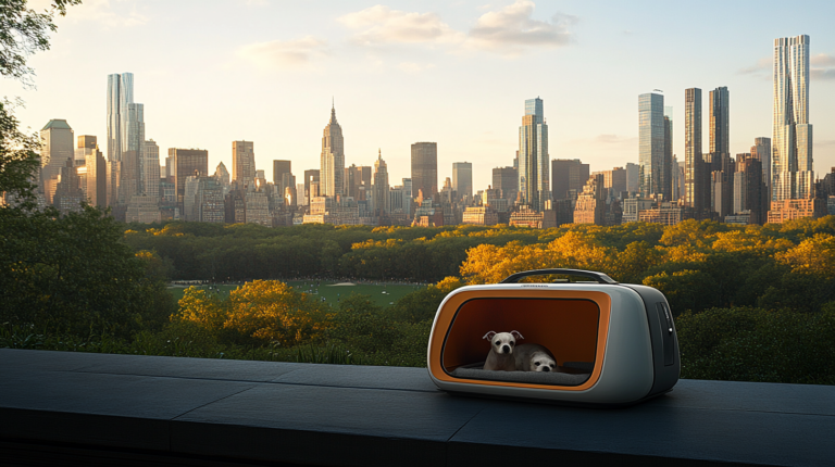 The image shows two small dogs inside a modern, futuristic pet carrier placed on a ledge. In the background, there is a view of a city skyline with tall buildings and a large park with trees, likely Central Park in New York City, during sunset. The sky is clear with a few clouds, and the scene is bathed in warm, golden light.