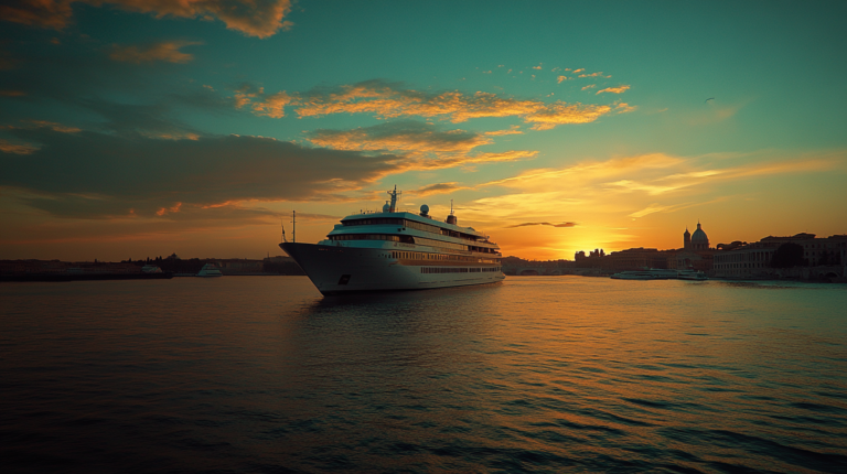 A large cruise ship is sailing on calm waters during sunset. The sky is filled with vibrant hues of orange and blue, with scattered clouds. In the background, there is a silhouette of a cityscape with domed buildings and other structures along the shoreline.