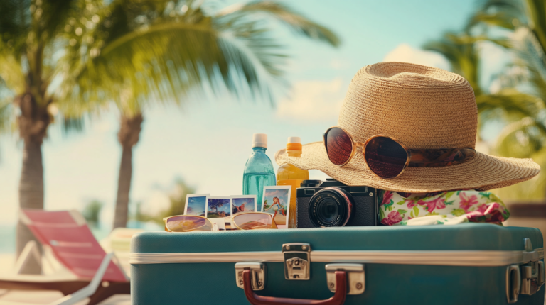 A beach scene with a suitcase in the foreground, topped with a straw hat and sunglasses. Nearby are a camera, two bottles of drinks, and several small photos. Palm trees and a blurred beach chair are visible in the background, suggesting a tropical vacation setting.