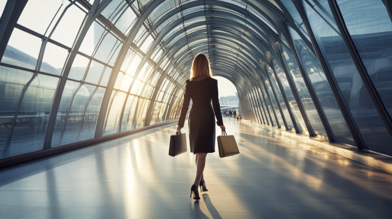 A woman in a business suit is walking through a modern, glass-covered walkway. She is carrying two briefcases, one in each hand. The sun is setting, casting long shadows and a warm glow through the glass panels. The scene conveys a sense of professionalism and purpose.