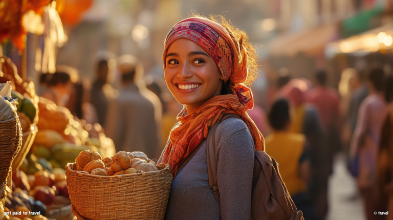 A woman is smiling while standing in a bustling outdoor market. She is wearing a colorful headscarf and carrying a basket of produce. The background is filled with people and market stalls, and the scene is warmly lit by sunlight.
