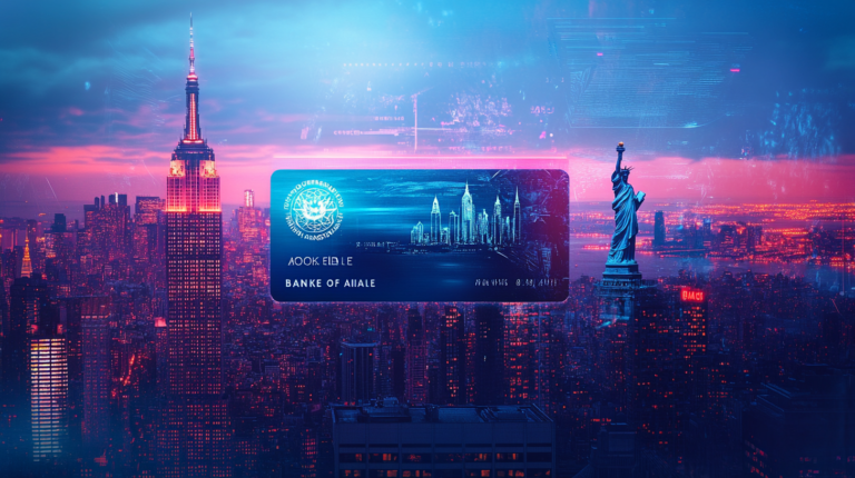 The image depicts a futuristic cityscape at dusk, featuring a prominent skyscraper and the Statue of Liberty. In the foreground, there is a large, stylized credit card with a city skyline design and text in an unreadable font. The scene is bathed in vibrant blue and pink hues, creating a cyberpunk aesthetic.