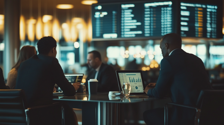 A group of people in business attire are sitting at a table in an airport lounge. They are using laptops, with charts and graphs visible on the screens. In the background, there are large digital flight information boards displaying departure and arrival times. The setting is well-lit with modern pendant lights.