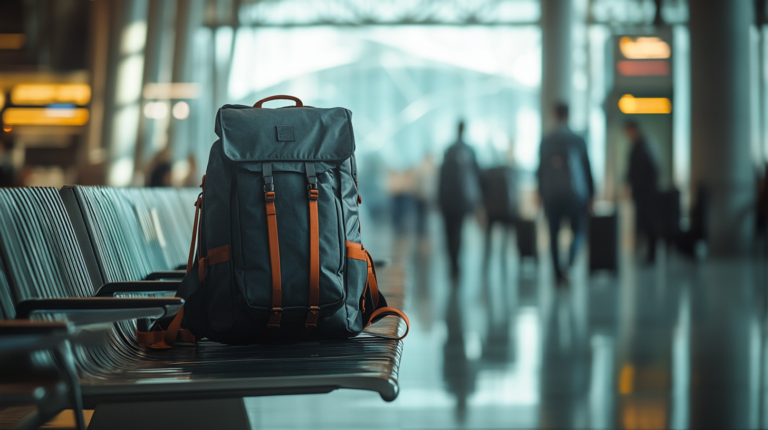 A dark gray backpack with brown straps is placed on a row of empty metal seats in an airport terminal. The background is blurred, showing people walking and carrying luggage, with large windows letting in natural light.