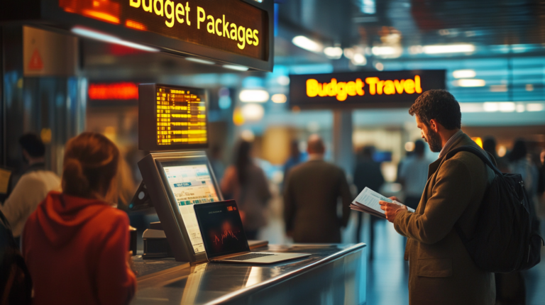A man with a backpack is standing at a counter in an airport or travel hub, reading a brochure. In the foreground, a woman in a red hoodie is looking at a computer screen displaying travel information. Overhead signs read "Budget Packages" and "Budget Travel." The background is busy with people walking and more signs visible.