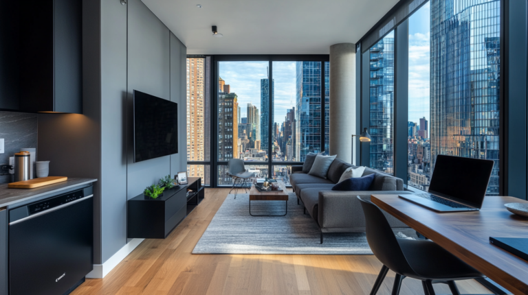 A modern apartment interior with large floor-to-ceiling windows offering a view of a city skyline. The room features a gray sofa with cushions, a wooden coffee table, and a sleek TV mounted on the wall. A dining table with a laptop and chair is in the foreground, and the kitchen area is visible on the left with a countertop and appliances. The space is well-lit with natural light.