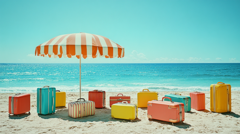 A beach scene with a striped orange and white umbrella providing shade for several colorful suitcases arranged on the sand. The ocean is visible in the background under a clear blue sky.