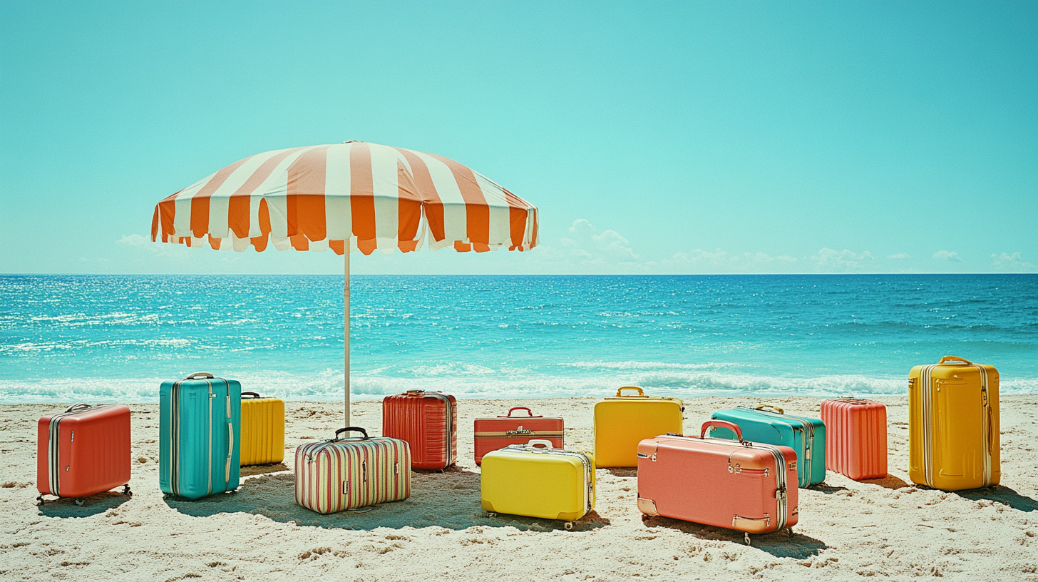 A beach scene with a striped orange and white umbrella providing shade for several colorful suitcases arranged on the sand. The ocean is visible in the background under a clear blue sky.