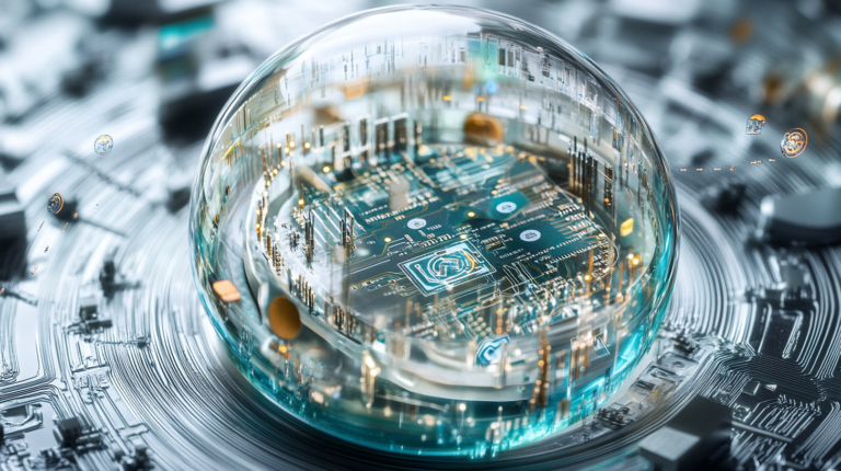 The image depicts a futuristic, conceptual representation of a microchip or circuit board encased in a transparent, spherical dome. The circuit board is detailed with various components and glowing elements, suggesting advanced technology. The background features a blurred, abstract design of circuitry, enhancing the high-tech theme.