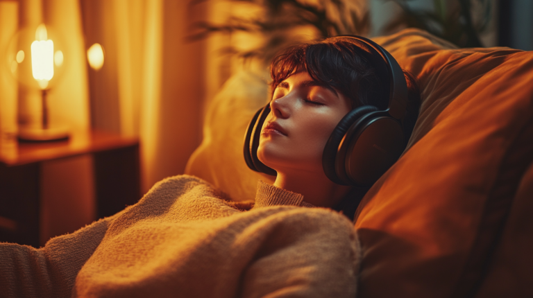 A person is reclining on a couch with eyes closed, wearing large headphones. The scene is warmly lit, with a soft glow from a nearby lamp, creating a cozy and relaxed atmosphere. The person is wearing a brown sweater, and there are plants in the background.