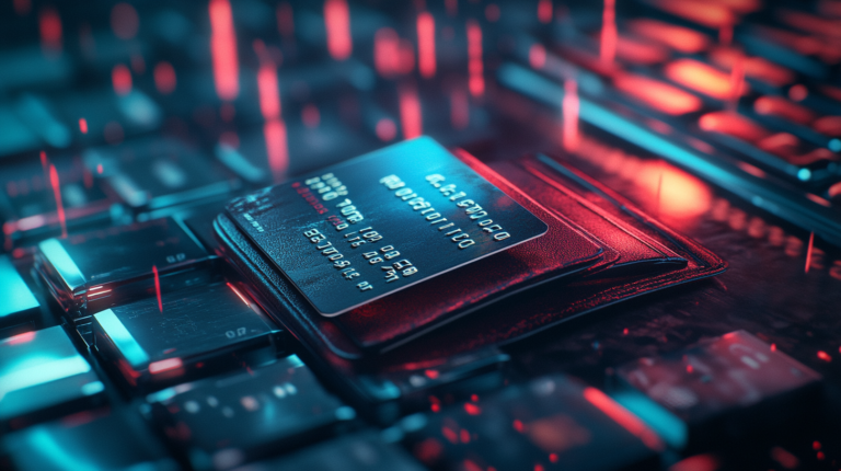 The image shows a close-up of a credit card placed on top of a wallet. The scene is set against a background of a computer keyboard, with a futuristic, digital aesthetic. The lighting is a mix of blue and red hues, creating a cyberpunk atmosphere. The credit card has embossed numbers and text, though they are not legible.