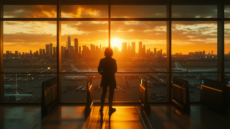 A person stands in an airport terminal, silhouetted against a large window. Outside, the sun is setting behind a city skyline, casting an orange glow over the scene. Airplanes are visible on the tarmac, and the interior of the terminal is dimly lit, with reflections of the sunset on the floor.