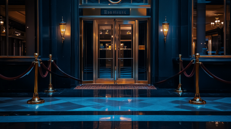 The image shows the entrance to a luxurious building, featuring double glass doors framed by dark, polished panels. The entrance is flanked by elegant wall sconces emitting a warm glow. Red velvet ropes are attached to gold stanchions, guiding visitors towards the doors. The floor is made of shiny, reflective tiles with a geometric pattern. The interior visible through the doors appears to be well-lit and opulent.