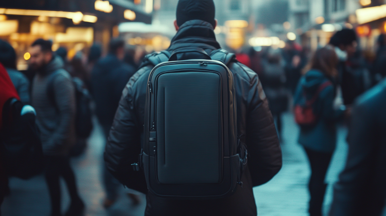 A person wearing a dark jacket and a beanie is seen from behind, walking through a crowded urban street. They are carrying a large, sleek black backpack. The background is slightly blurred, showing other people and illuminated storefronts, suggesting a busy city environment.
