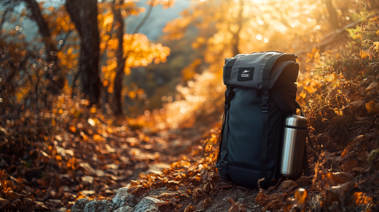 A black backpack with a stainless steel water bottle attached is placed on a forest trail covered with fallen autumn leaves. The background features trees with golden foliage, and the scene is bathed in warm, soft sunlight.