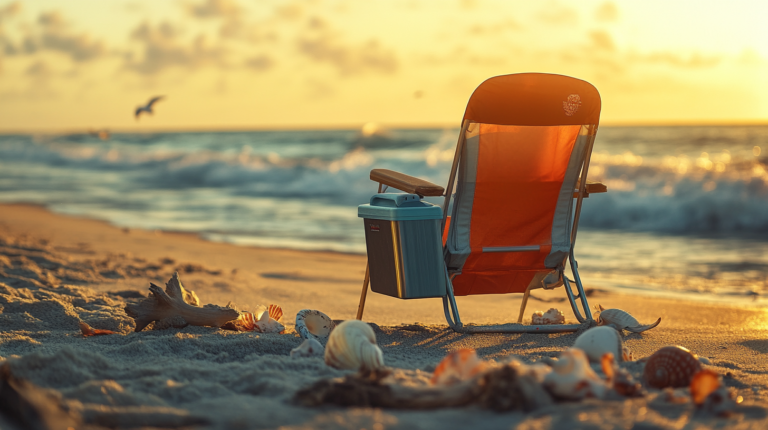 A beach scene at sunset with an orange beach chair facing the ocean. A small cooler is attached to the chair. The sand is scattered with various seashells and driftwood. The ocean waves are gently rolling in the background, and a bird is flying in the sky. The lighting is warm and golden, typical of a sunset.