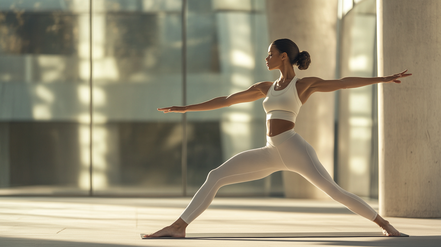 A person is practicing yoga indoors, performing the Warrior II pose. They are wearing a white sports bra and leggings, standing on a yoga mat. The background features large windows with soft natural light streaming in.
