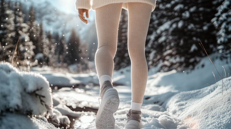 A person is walking through a snowy landscape, wearing beige leggings, a white sweater, and white sneakers. The scene is bright with sunlight, and snow is visible on the ground and trees in the background. Snowflakes are gently falling around.