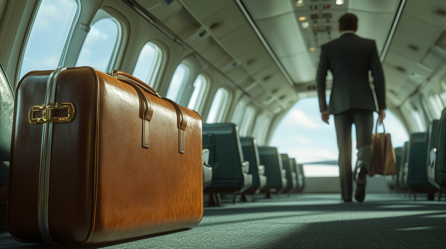 A brown leather suitcase is placed on the floor of an airplane aisle. In the background, a person in a suit is walking away, carrying another bag. The airplane interior is well-lit with natural light coming through the windows.