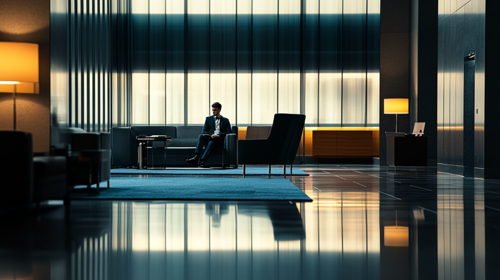 A man in a suit is sitting on a sofa in a modern, spacious lobby with large windows. The room features sleek furniture, including a high-backed chair and a side table. Warm lighting from floor lamps creates a cozy atmosphere, and the polished floor reflects the surroundings.