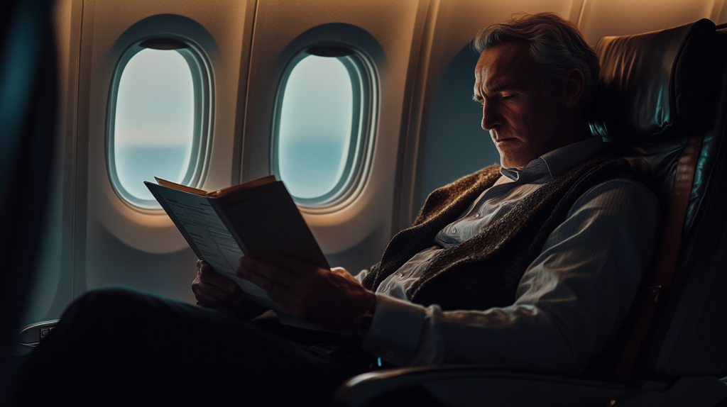 A man is sitting in an airplane seat, reading a document. The cabin is dimly lit, and the light from the window illuminates his face. He appears focused and relaxed, wearing a collared shirt and a sweater vest. The airplane window shows a view of the sky outside.