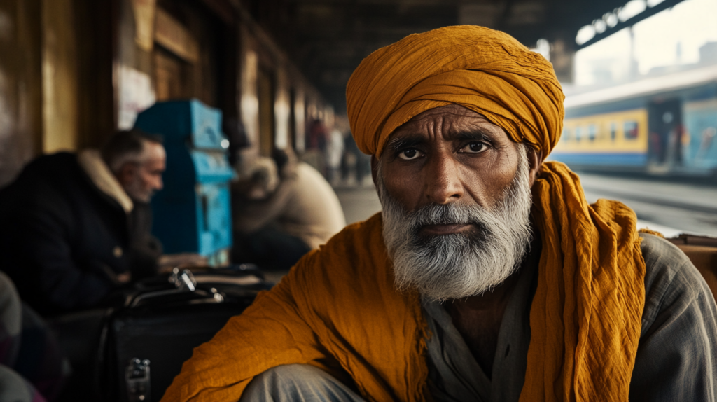 A man with a gray beard is wearing an orange turban and shawl, sitting at a train station. The background shows a blurred train and other people sitting on benches. The setting appears to be a busy, atmospheric railway platform.