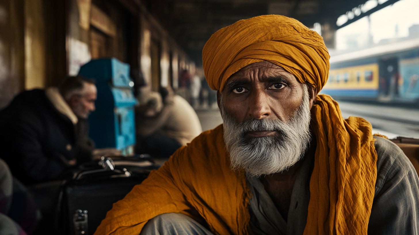 A man with a gray beard is wearing an orange turban and shawl, sitting at a train station. The background shows a blurred train and other people sitting on benches. The setting appears to be a busy, atmospheric railway platform.