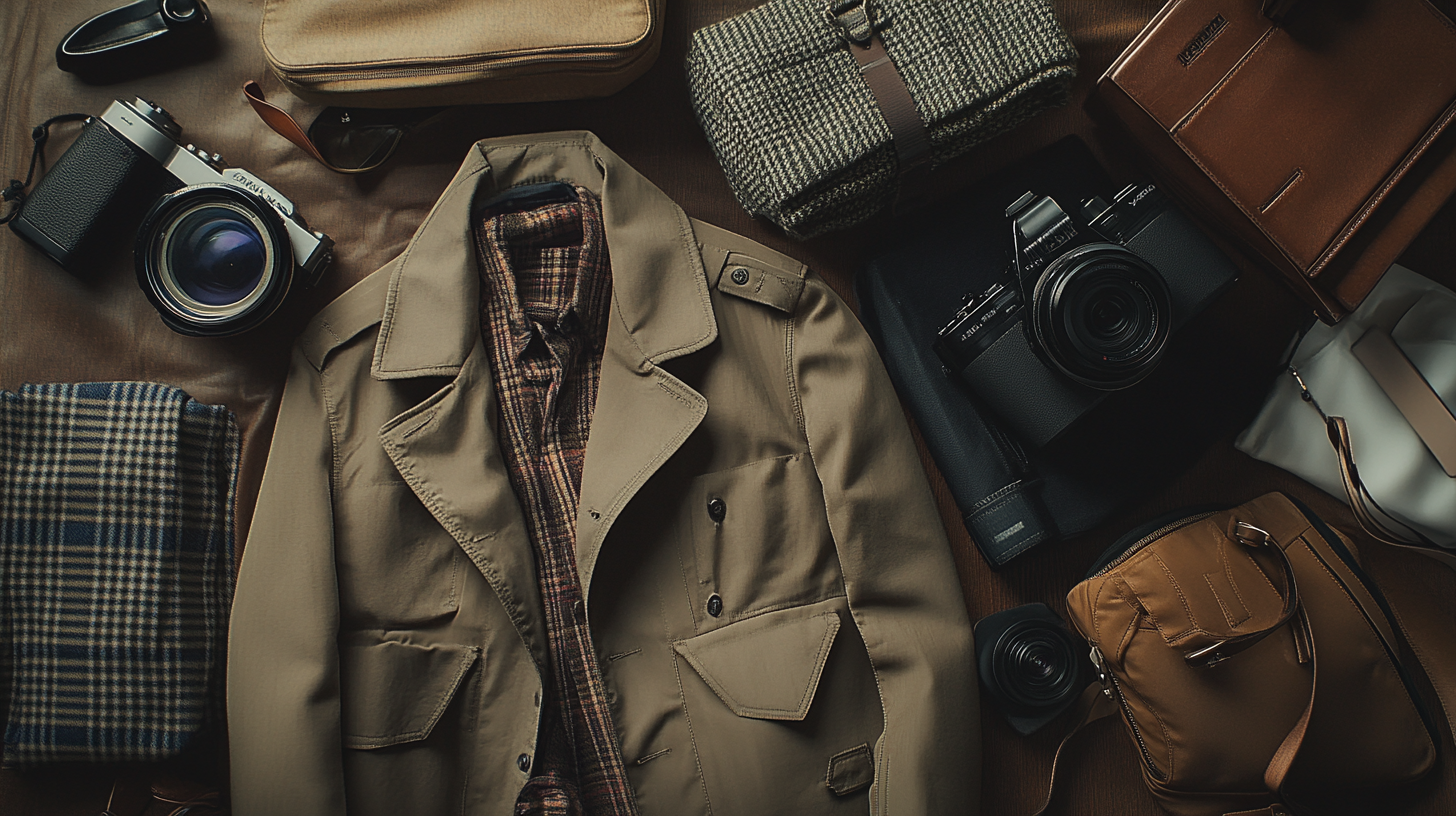 The image shows a flat lay of travel essentials, including a beige trench coat with a plaid shirt underneath, two vintage cameras, a pair of glasses, a plaid scarf, a folded sweater, a brown leather bag, a beige pouch, and a small brown bag. The items are arranged on a dark surface, creating a stylish and organized composition.