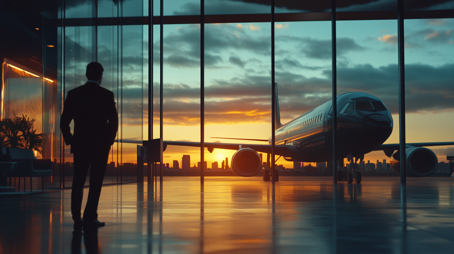 A person in a suit stands in an airport terminal, looking out through large glass windows at a parked airplane. The sun is setting, casting a warm glow over the scene, with a city skyline visible in the background.