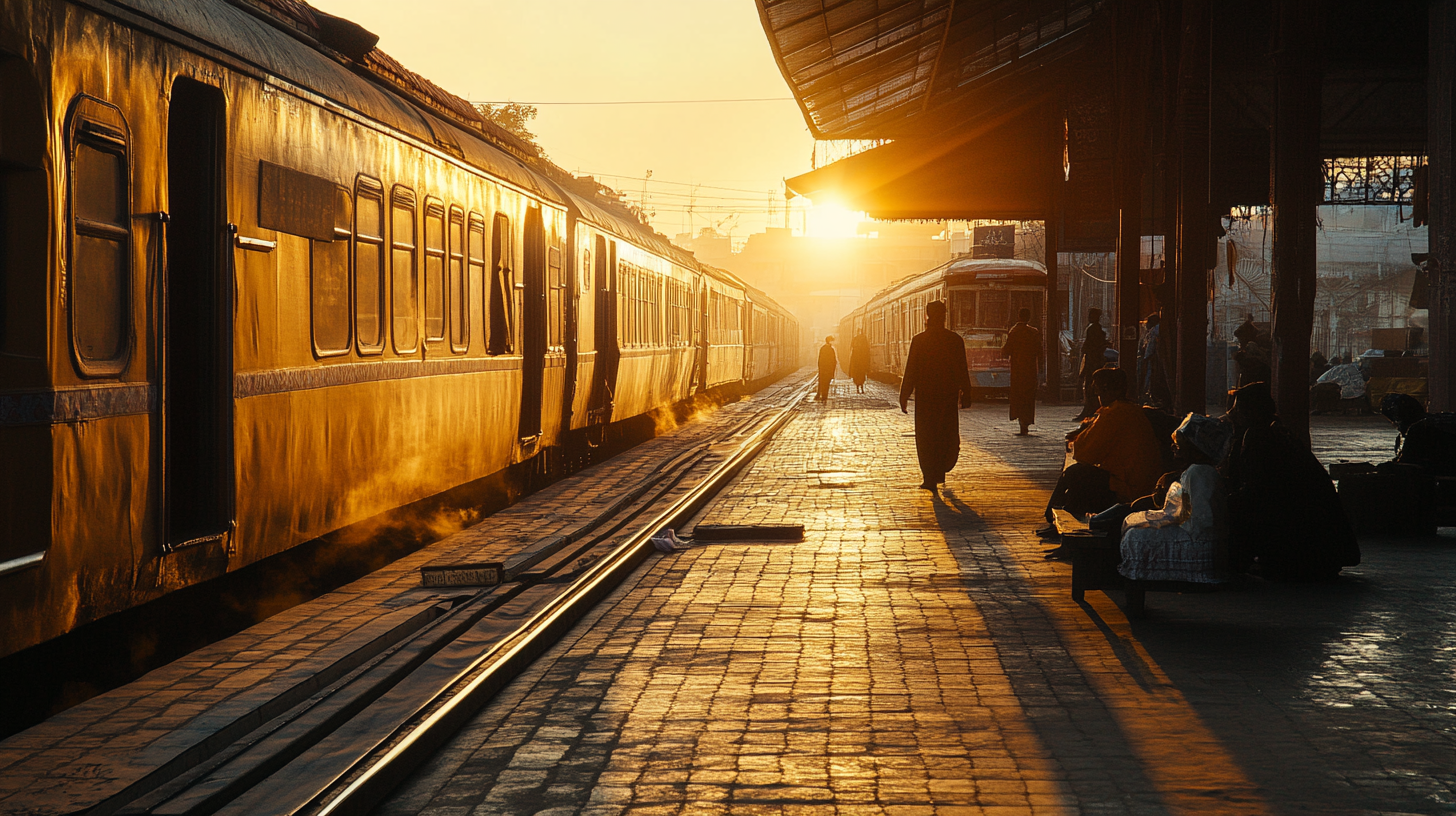 A train station platform at sunset, with a train on the left side reflecting the golden light. People are walking and sitting on benches, casting long shadows on the cobblestone platform. The sun is setting in the background, creating a warm and atmospheric scene.