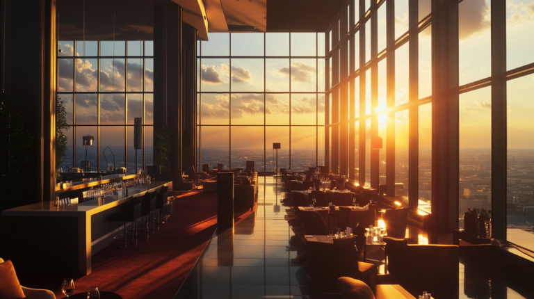 A luxurious, modern restaurant interior with large floor-to-ceiling windows offering a panoramic view of a cityscape at sunset. The room is elegantly furnished with tables and chairs, and a long bar counter is visible on the left. The warm glow of the setting sun casts reflections on the polished floor, creating a cozy and inviting atmosphere.