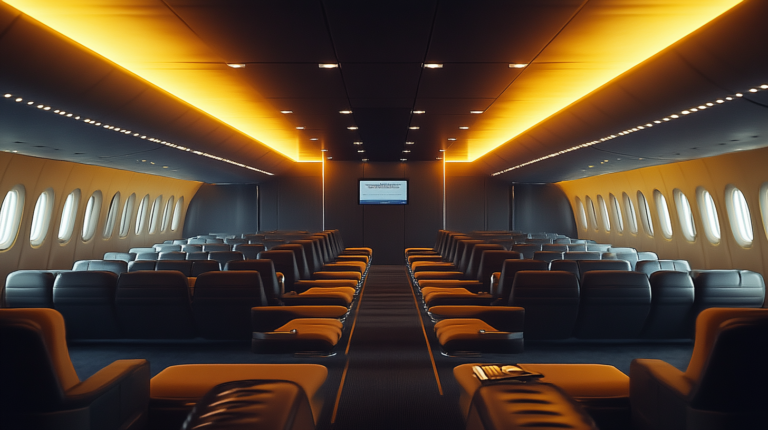 The image shows the interior of an empty airplane cabin with two rows of wide, comfortable seats. The lighting is warm and ambient, with a modern design. There are multiple windows along the sides, and a screen is visible at the front of the cabin.