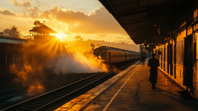 A train station platform at sunset, with a train on the tracks emitting steam. The sun is setting in the background, casting a warm golden light over the scene. A person is walking along the platform, and the station's architecture is silhouetted against the sky.