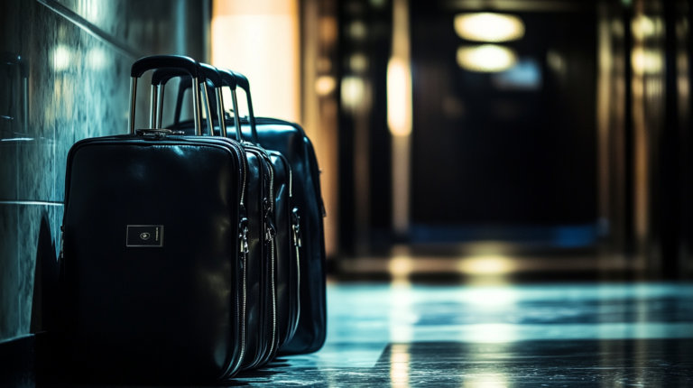 The image shows two black suitcases with extended handles standing in a dimly lit hallway. The floor is shiny, and the background is blurred, suggesting a hotel or similar setting.