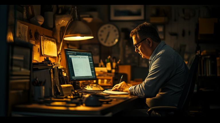 A man is sitting at a cluttered desk in a dimly lit room, working on a computer. He is writing on a notepad, with a lamp illuminating his workspace. The background features a wall clock and various papers and office supplies. The atmosphere is focused and studious.