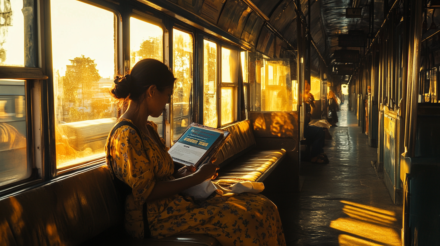 A woman in a yellow floral dress is sitting on a train, reading a magazine or brochure. The train is bathed in warm, golden sunlight streaming through the windows, casting shadows and reflections on the floor and seats. Other passengers are seated further down the carriage. The scene has a calm and serene atmosphere.