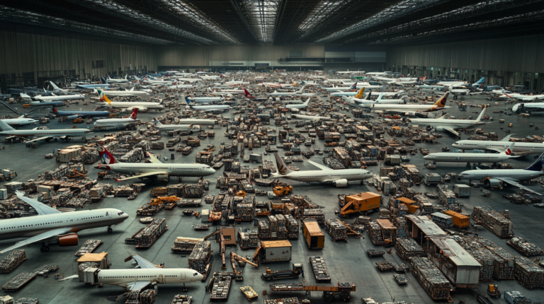 A large indoor space filled with numerous airplanes parked closely together. The floor is crowded with stacks of cargo and various ground support vehicles. The ceiling is high with a grid-like structure, and the overall scene is busy and industrial.