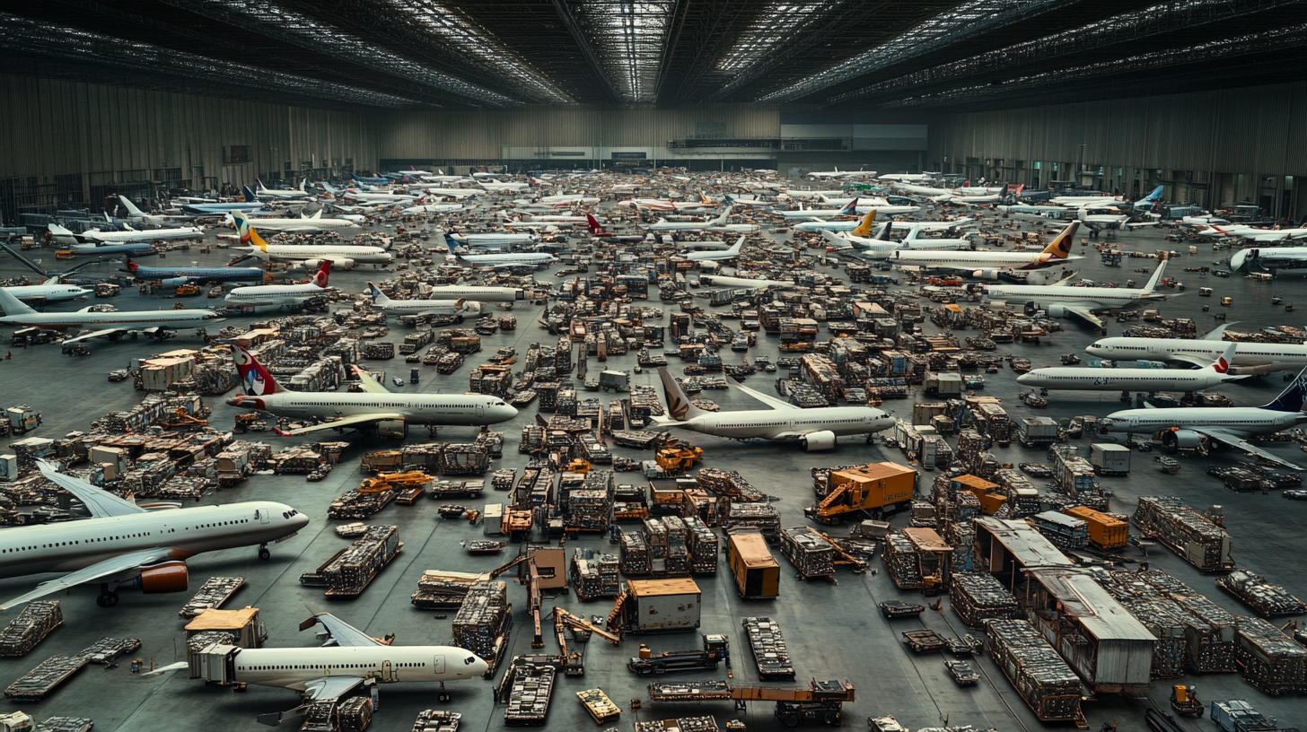 A large indoor space filled with numerous airplanes parked closely together. The floor is crowded with stacks of cargo and various ground support vehicles. The ceiling is high with a grid-like structure, and the overall scene is busy and industrial.