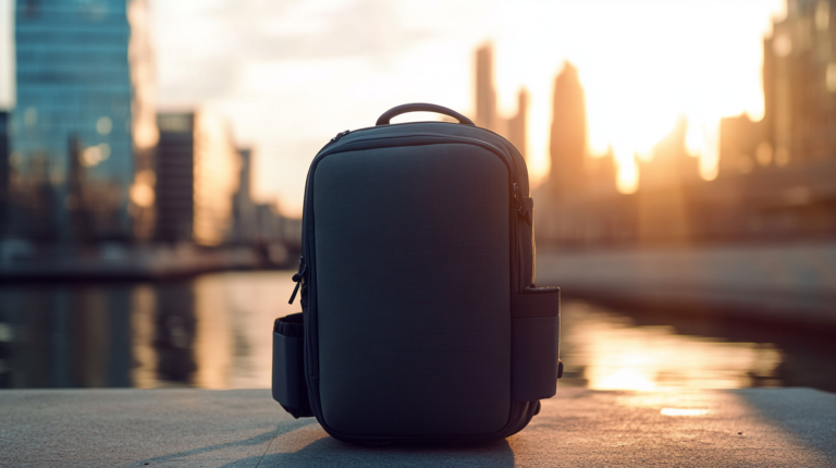 A black backpack is placed on a concrete surface with a blurred cityscape in the background. The sun is setting, casting a warm glow over the scene, and reflecting off the water nearby.
