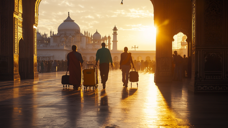 Three people are walking towards a large, ornate building with domes and minarets, reminiscent of the Taj Mahal, during sunset. They are pulling suitcases, and the scene is bathed in warm, golden light. The foreground features intricate architectural details, and there is a crowd in the background.