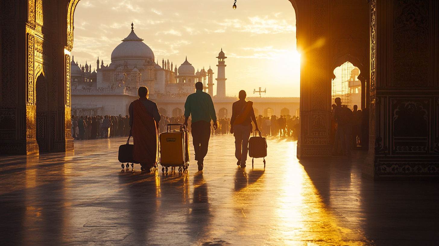 Three people are walking towards a large, ornate building with domes and minarets, reminiscent of the Taj Mahal, during sunset. They are pulling suitcases, and the scene is bathed in warm, golden light. The foreground features intricate architectural details, and there is a crowd in the background.
