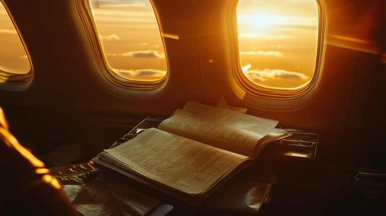 A book is open on an airplane tray table, with sunlight streaming through the windows, casting a warm glow over the scene. The sky outside is filled with clouds and a setting or rising sun.