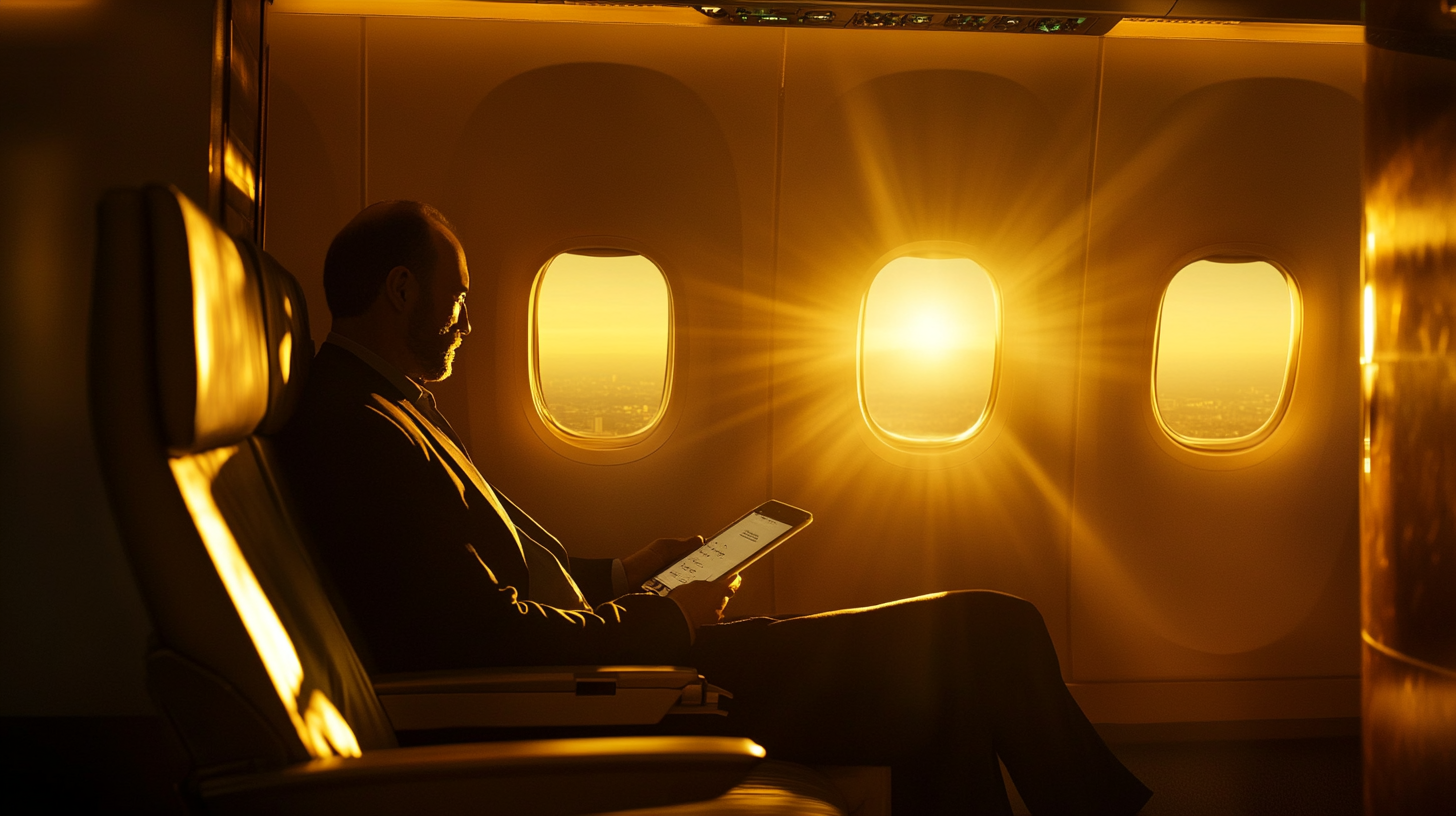 A person is sitting in an airplane seat, looking at a tablet. The sun is setting outside, casting a warm golden light through the windows, illuminating the cabin interior.