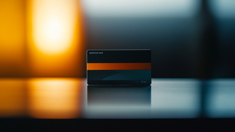 A rectangular card with a black and orange design is placed on a reflective surface. The background is softly blurred with warm, glowing light on the left side, creating a gradient effect.