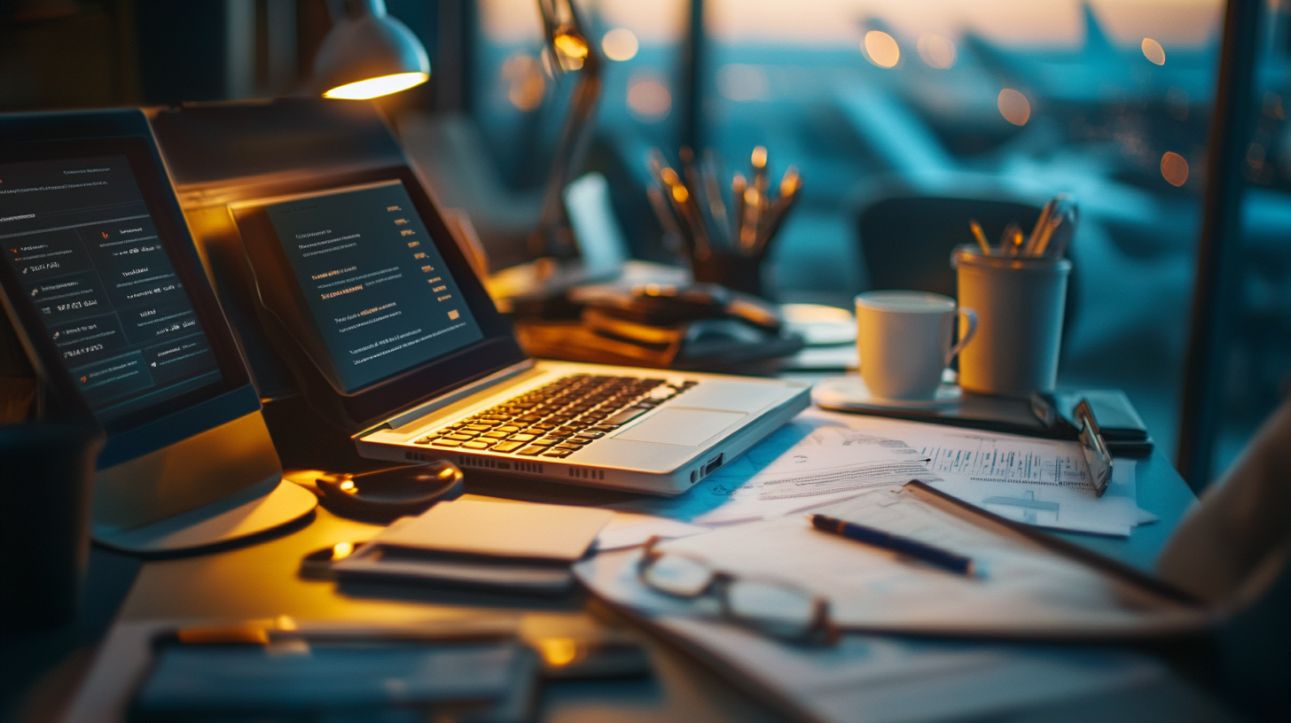 A cluttered desk with a laptop and two monitors displaying data. The desk is lit by a lamp, and there are papers, a pen, a pair of glasses, and a cup on it. In the background, there is a blurred view of an airport terminal with airplanes visible through large windows. The scene is set during sunset, creating a warm ambiance.