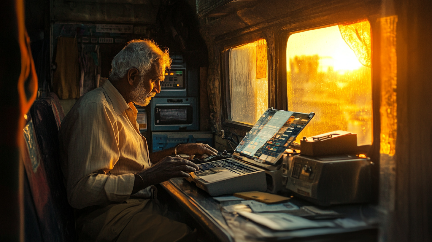 An elderly man with white hair and a beard is sitting inside a dimly lit room, working on a laptop. The room is filled with electronic equipment and has a large window through which warm, golden sunlight is streaming in, casting a glow on the man and his surroundings. The scene conveys a sense of focus and tranquility.