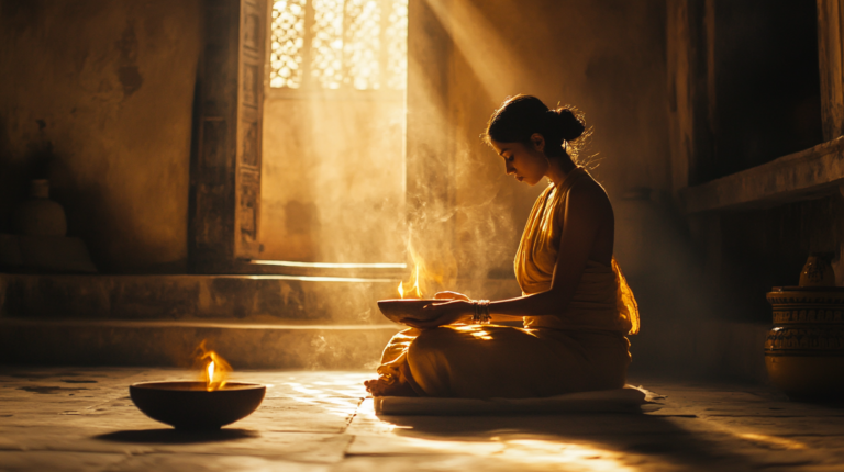 A woman is sitting cross-legged on the floor in a dimly lit room, holding a bowl with a small flame. She is wearing a yellow garment and appears to be in a meditative or prayerful pose. Sunlight streams through a window, casting a warm glow and creating a serene atmosphere.