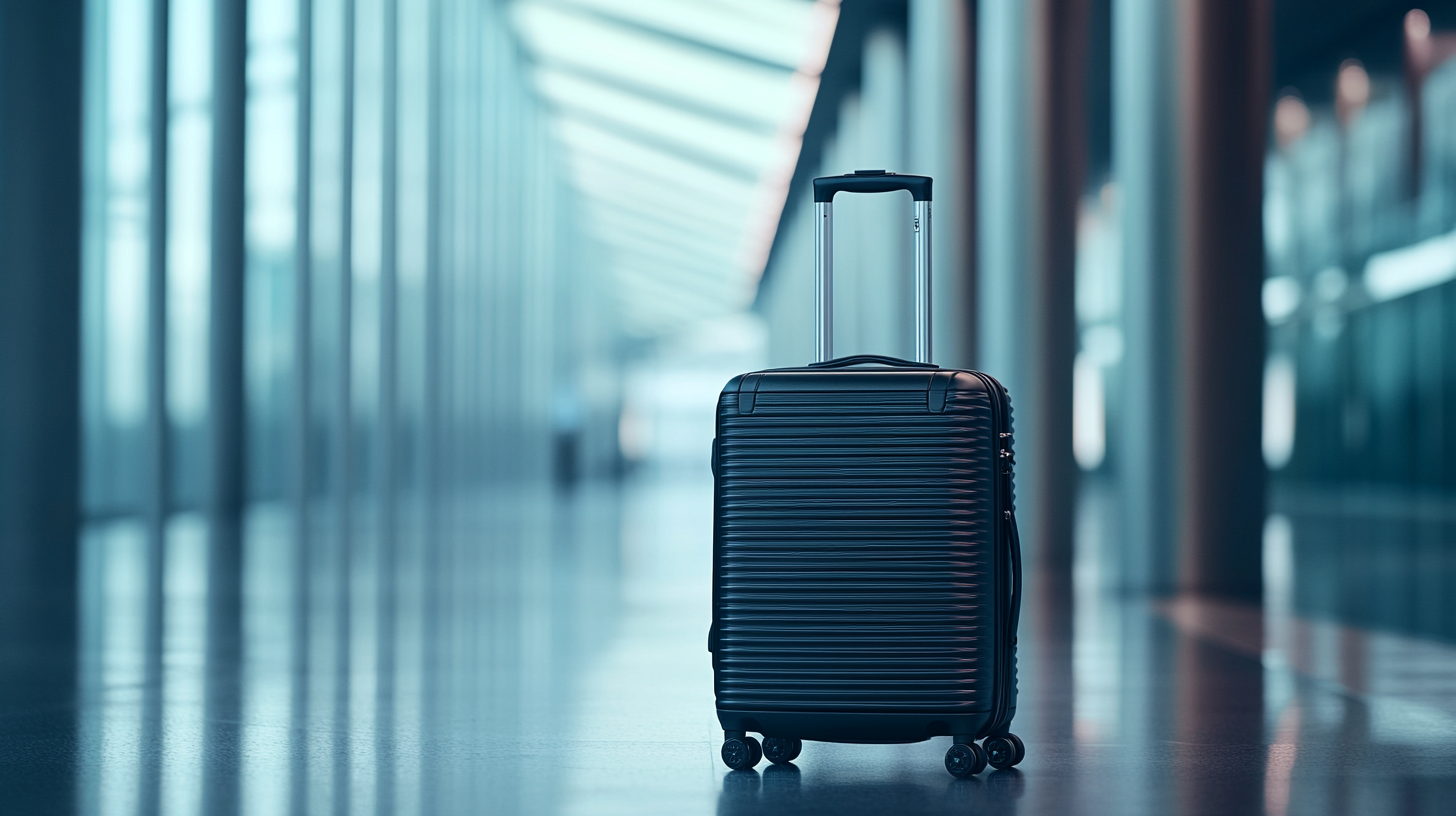 A black, hard-shell suitcase with a telescopic handle is standing on the floor of a modern, empty airport terminal. The background features large windows and a reflective floor, creating a sleek and spacious atmosphere.